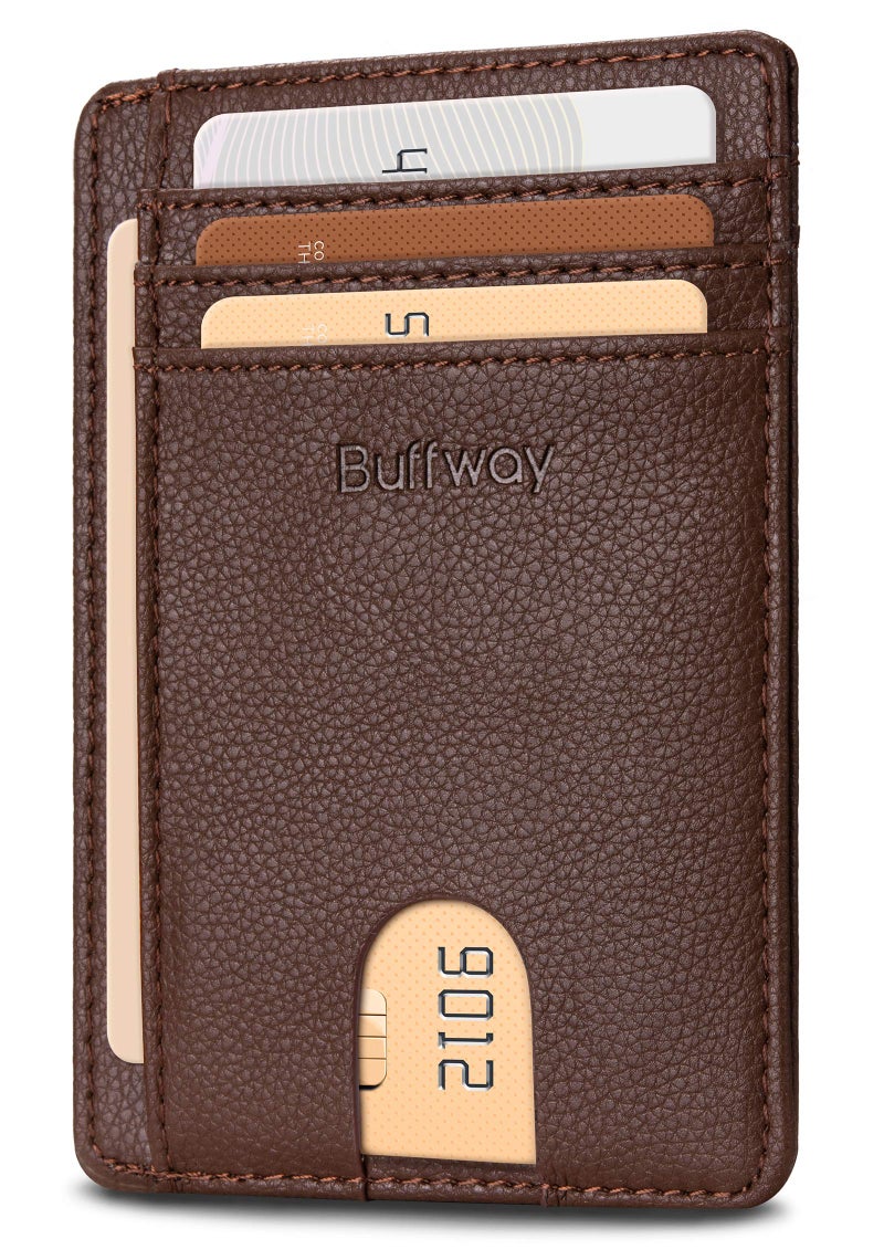 Buffway Slim Minimalist Front Pocket RFID Blocking Leather Wallets for Men and Women - Lichee Coffee - Image 1